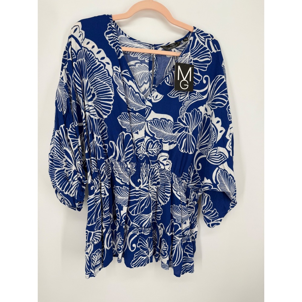 Mlle Gabrielle Tunic Women 2X Blue White Floral Smocked Waist Balloon Sleeve NEW